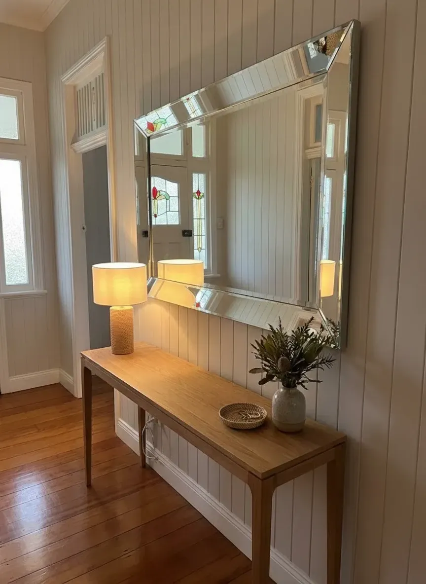 decorative bevelled edge wall mirror above console in South Brisbane home