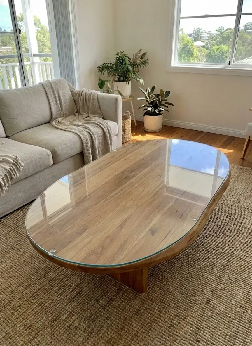 round coffee table with custom cut glass top in South Brisbane living room