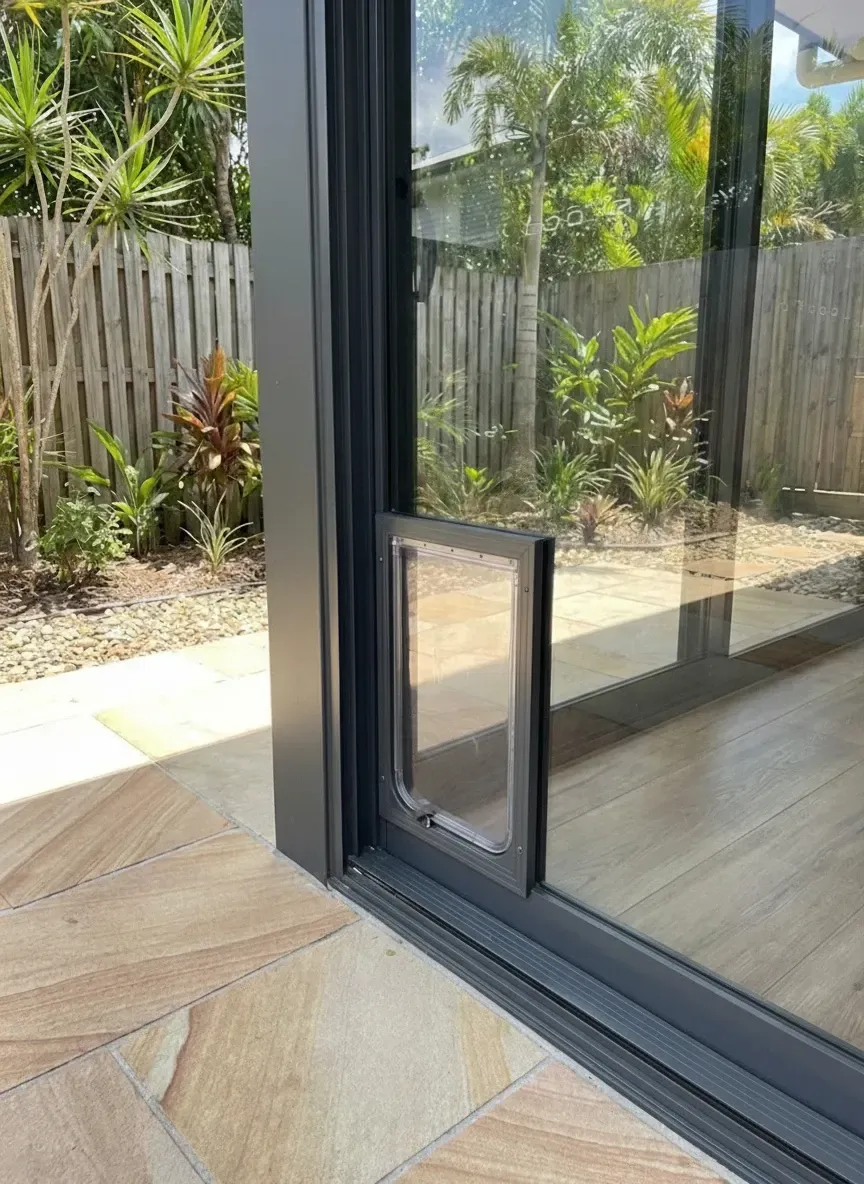 Glass integrated dog doors South Brisbane installed into glass sliding doors using toughened safety glass and lockable cover