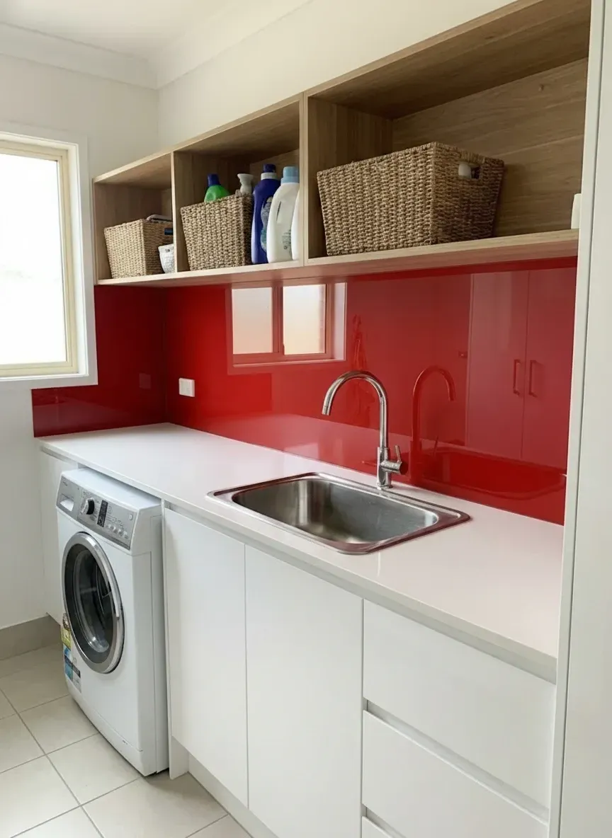 laundry glass splashback behind sink in South Brisbane home utility room