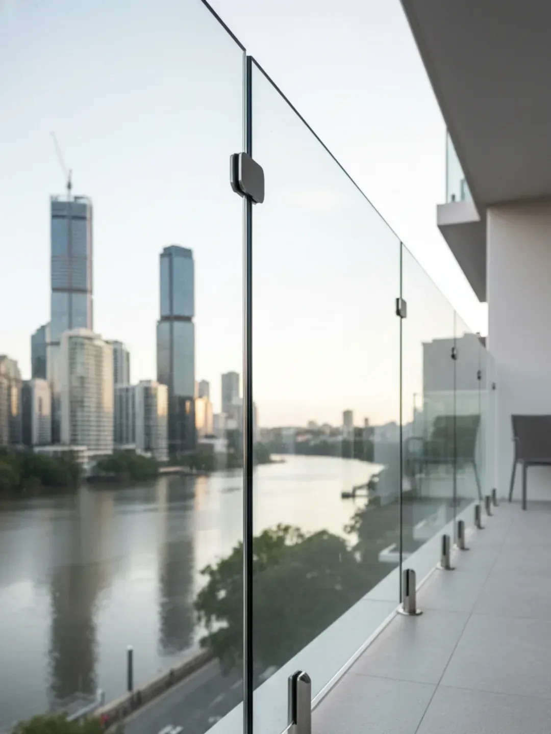 Frameless glass balustrades South Brisbane with toughened safety glass and stainless spigots for uninterrupted views.