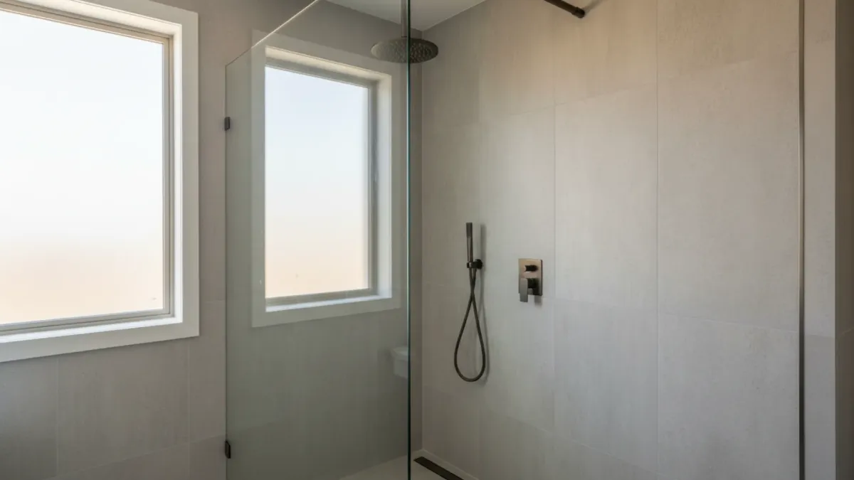 Custom shower screen panels cut to size South Brisbane including frameless toughened glass fitted to out-of-square bathroom walls.