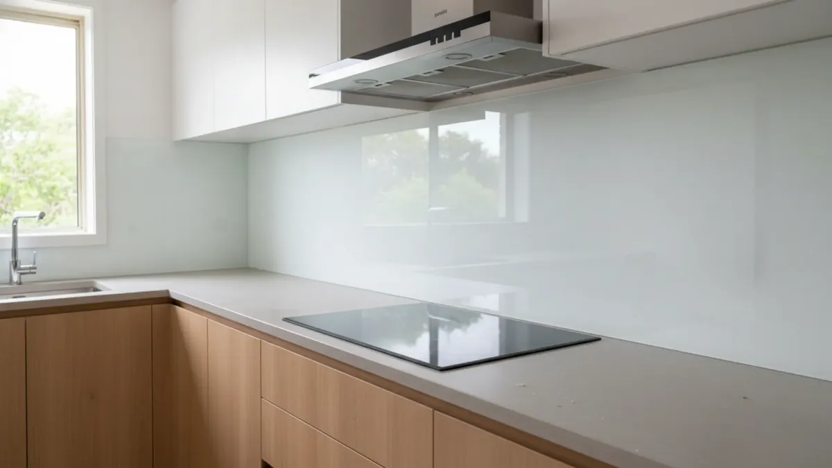 Kitchen glass splashbacks South Brisbane cut to size with precise cutouts for power points and heat-resistant toughened glass.