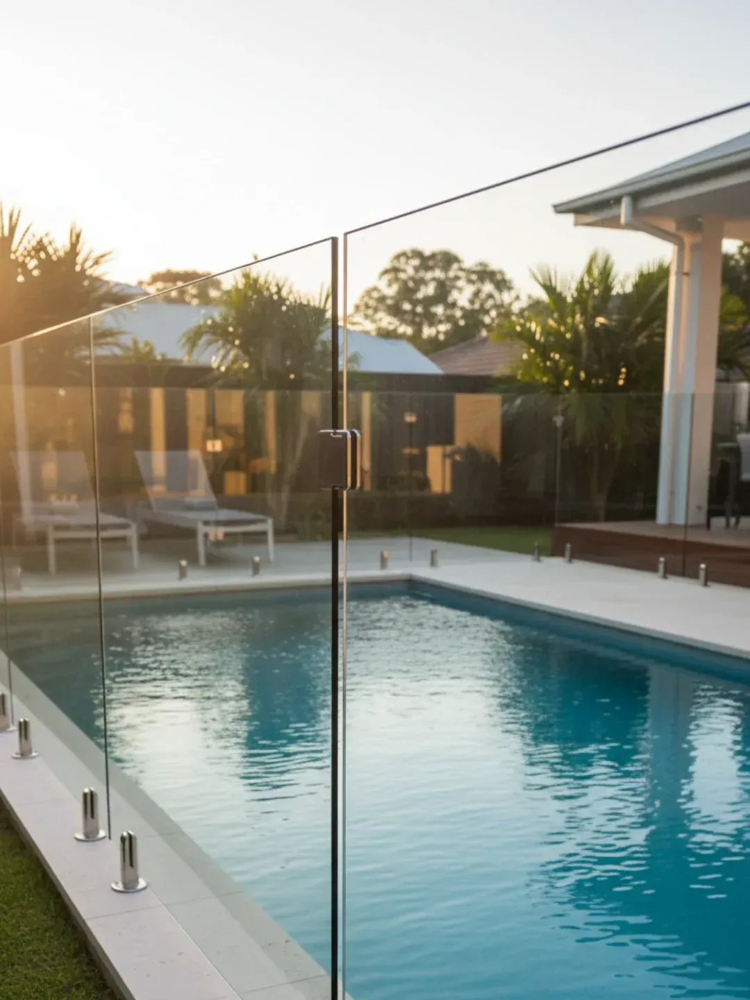 Frameless glass pool fencing system south brisbine using 12mm toughened safety glass for clear visibility and pool safety compliance.